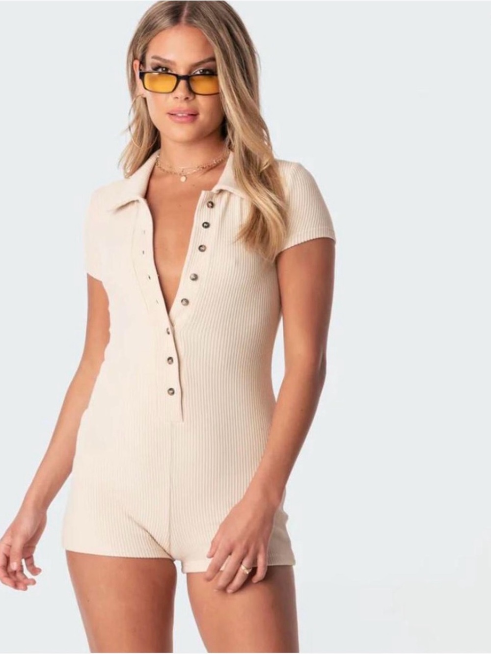 Ribbed Knit Polo Romper in Cream